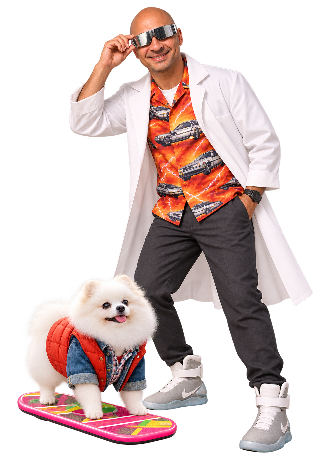 Klyff in a Doc Brown-inspired scientist outfit and silver futuristic glasses, with Chimbler in Marty McFly’s red vest on a pink hoverboard